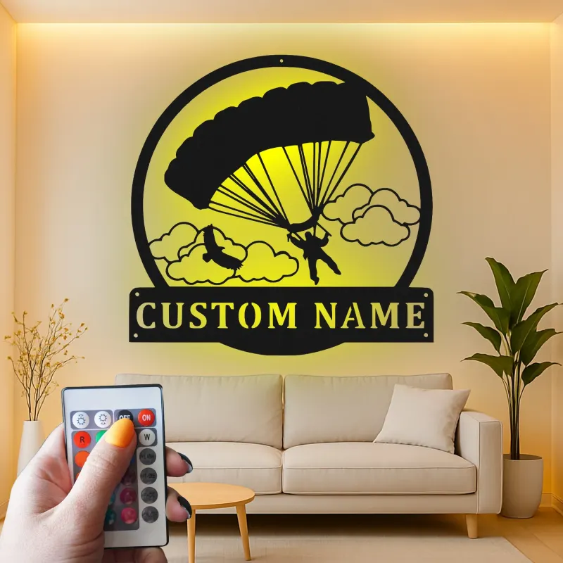 Panneau LED Personnalisé de Parachutiste | Décoration Murale en Métal Personnalisée | Décoration Sportive Aventure | Plaque Nom Rétroéclairée pour Aviateur
