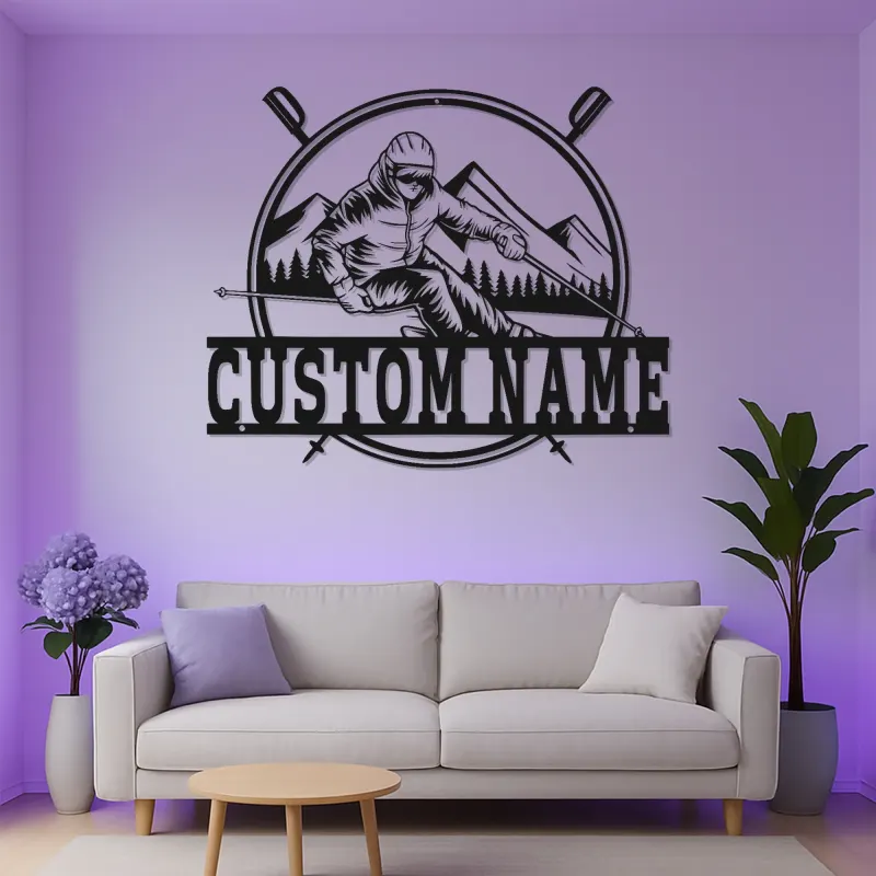 Panneau mural en métal d'alpiniste personnalisé | Décor de chalet moderne avec rétroéclairage LED | Cadeau unique pour les amateurs de sports d'hiver
