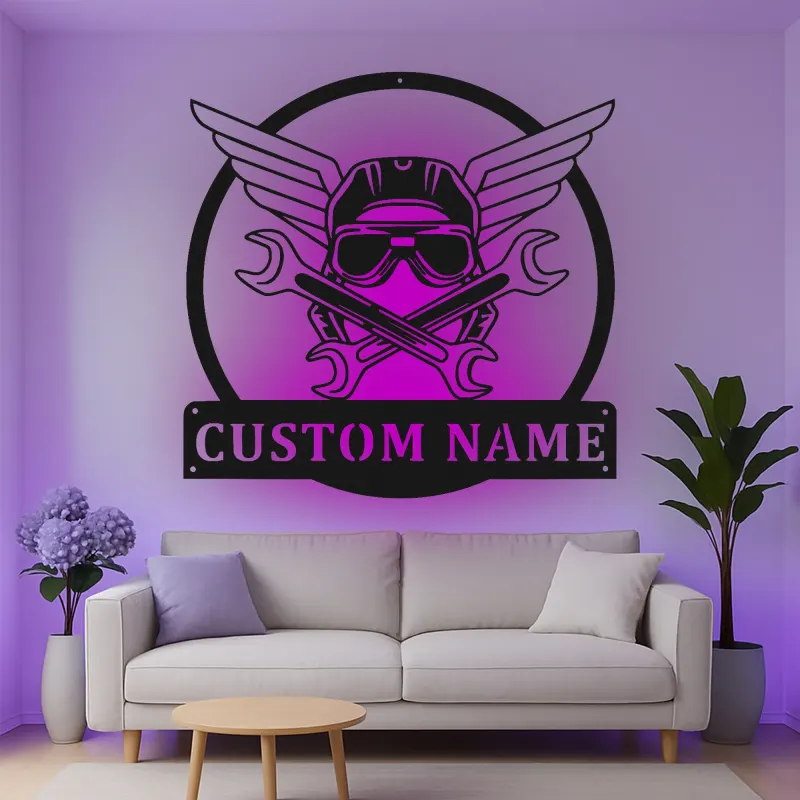Cartel de metal personalizado de alas mecánicas con luz LED regalo para entusiastas de coches decoración de garaje