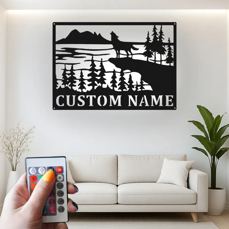 Custom Wolf Howling Landscape Led Light Metal Wall Art Personalized Nature Lover Gift Cabin Decor