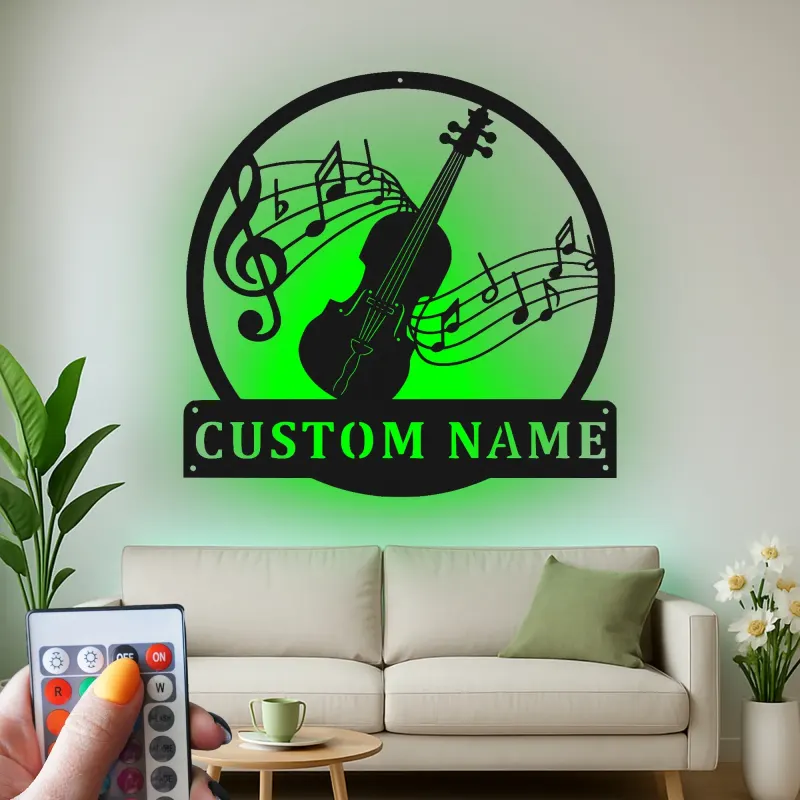 Insegna in metallo LED personalizzata con note musicali di violino - Regalo per musicisti, decorazione per studio o sala musica