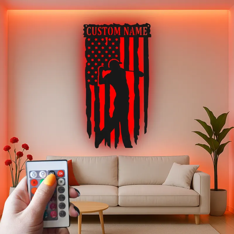 Insegna in metallo personalizzata per golfista con LED | Arte murale con nome e bandiera USA | Regalo patriottico per man cave e ufficio