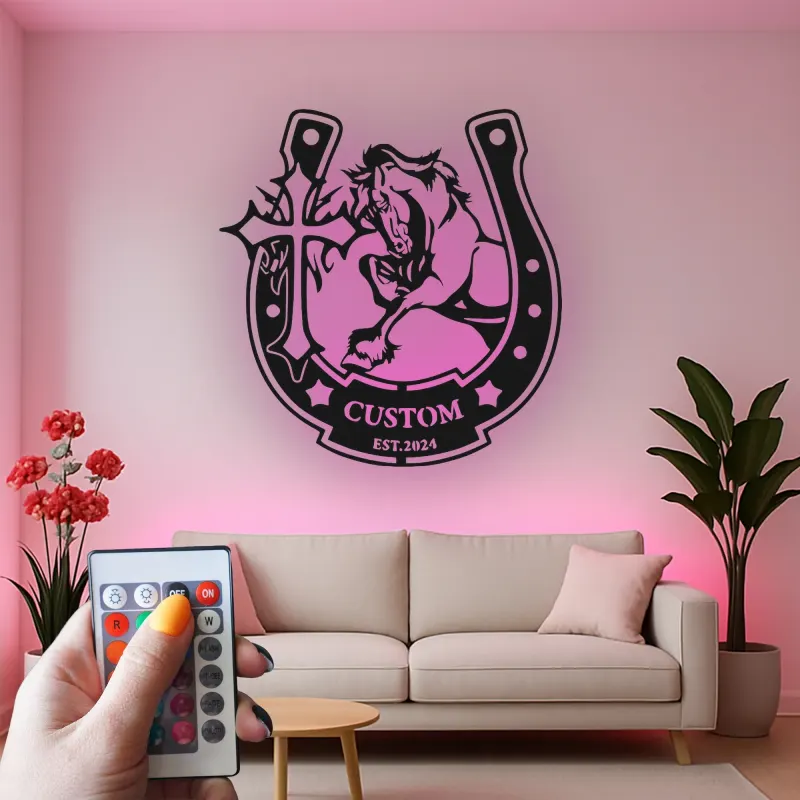 Custom Horse LED Metal Sign | Personalized Horseshoe Cross Wall Art | Equestrian Ranch Decor for Horse Lovers
