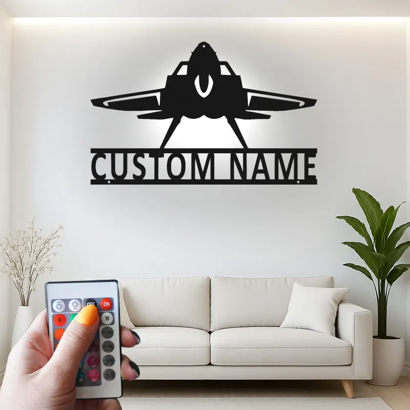 Personalized Fighter Jet Metal Sign | LED Backlit Wall Art | Custom Pilot Name Decor for Man Cave | Aviation Gift