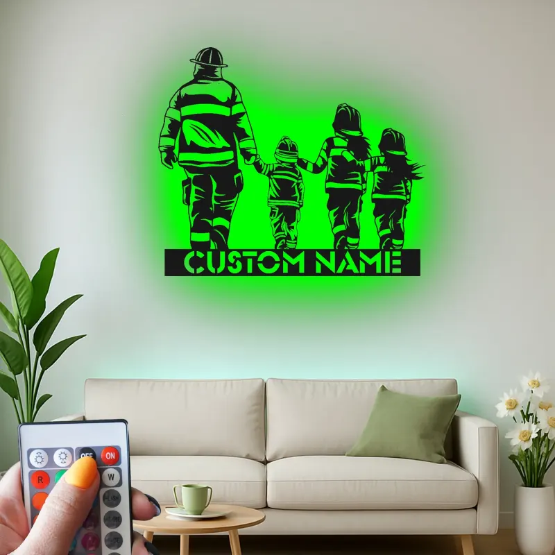 Insegna personalizzata per famiglia di vigili del fuoco | Arte murale LED in metallo | Regalo su misura per papà pompiere | Arredo per caserma