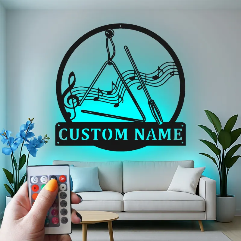 Cadeau Personnalisé pour Enseignant de Musique | Décoration Murale en Métal Personnalisée avec Rétroéclairage | Décor de Studio de Musique | Panneau de Nom d'Instrument en Triangle