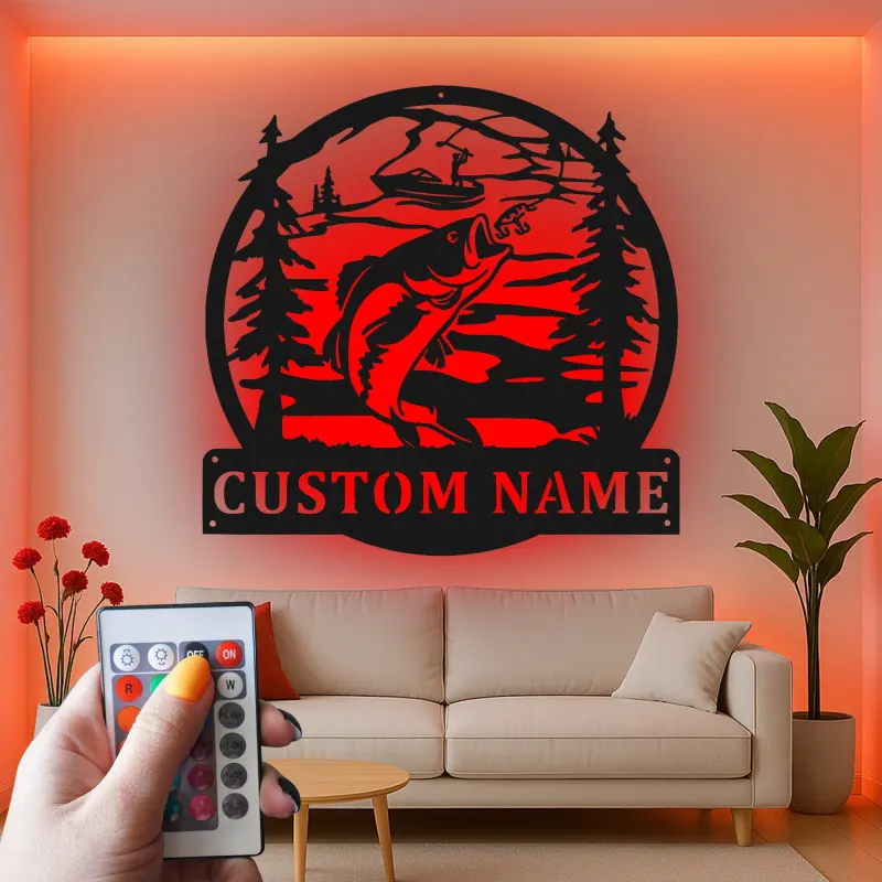 Insegna in metallo personalizzata per pesca con luce LED | Insegna con nome del pescatore | Decorazione per casa al lago e baita