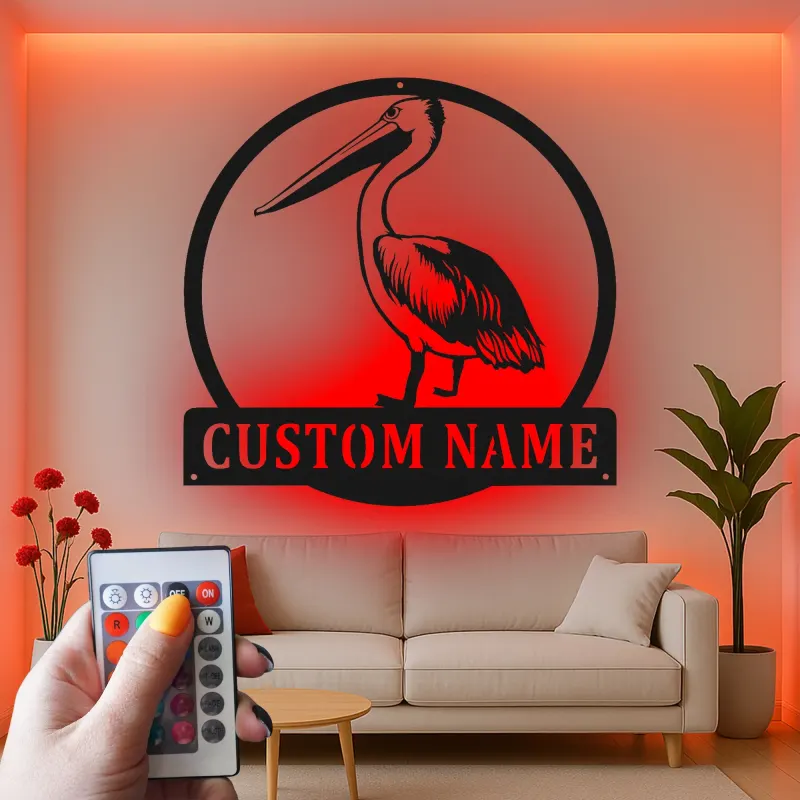 Custom Brown Pelican LED Metal Sign | Coastal Wall Art Decor | Beach House Lighted Nameplate | Personalized Nautical Gift