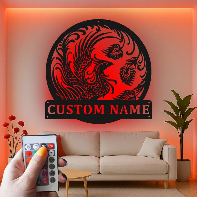 Panneau en métal personnalisé Phoenix Rising | Art mural rétroéclairé pour bureau et studio | Logo mythique Firebird personnalisé