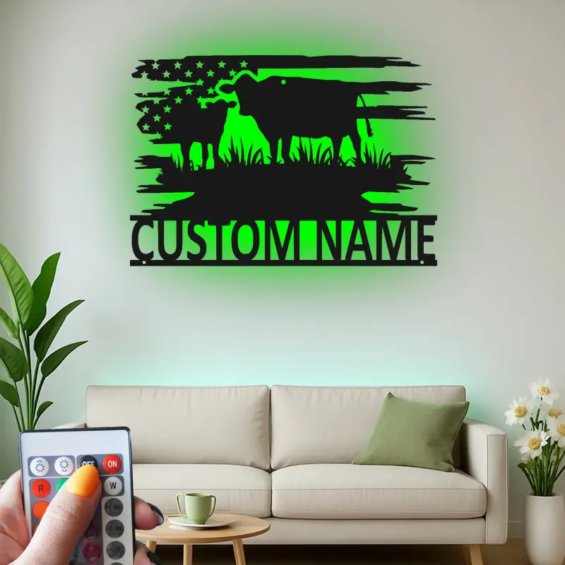 Décoration murale en métal personnalisée avec vache et veau en rétroéclairage - Cadeau pour agriculteurs - Décor de maison de campagne rustique
