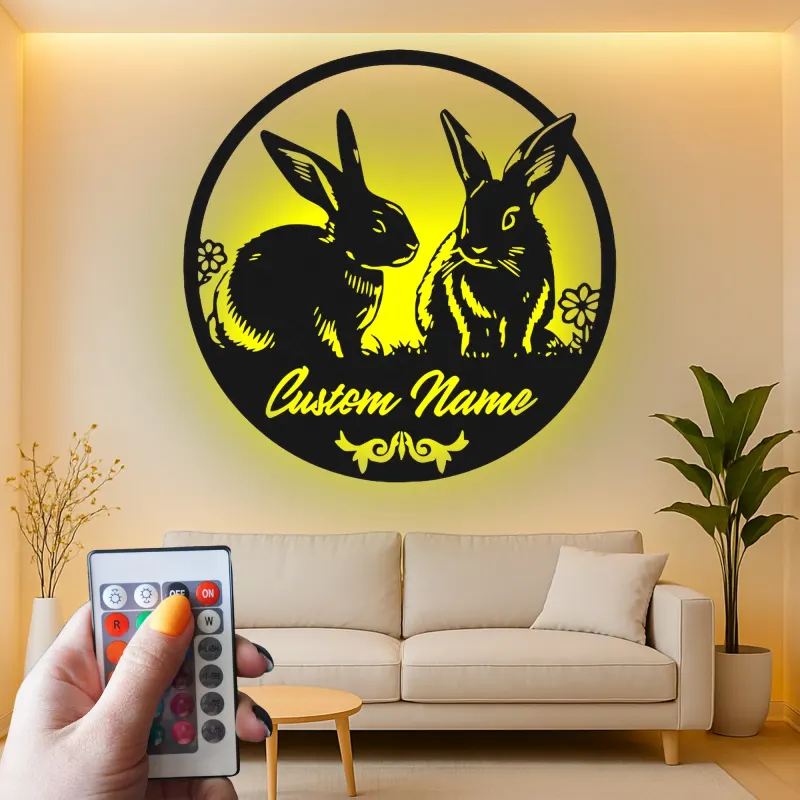 Insegna in Metallo Personalizzata con Coniglio e LED | Arte in Metallo del Coniglio | Decorazione per Nursery e Casa per Amanti degli Animali
