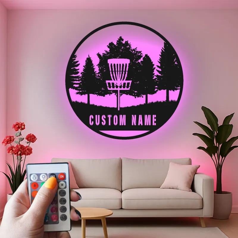 Décoration murale en métal personnalisée avec rétroéclairage LED pour panier de disc golf - Cadeau personnalisé pour passionnés de disc golf