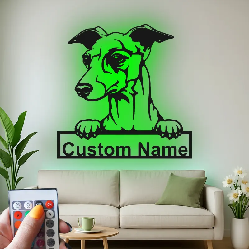 Cartel personalizado con nombre de galgo | Decoración mural de metal con LED | Decoración personalizada para mascotas en la entrada | Regalo para amantes de los perros