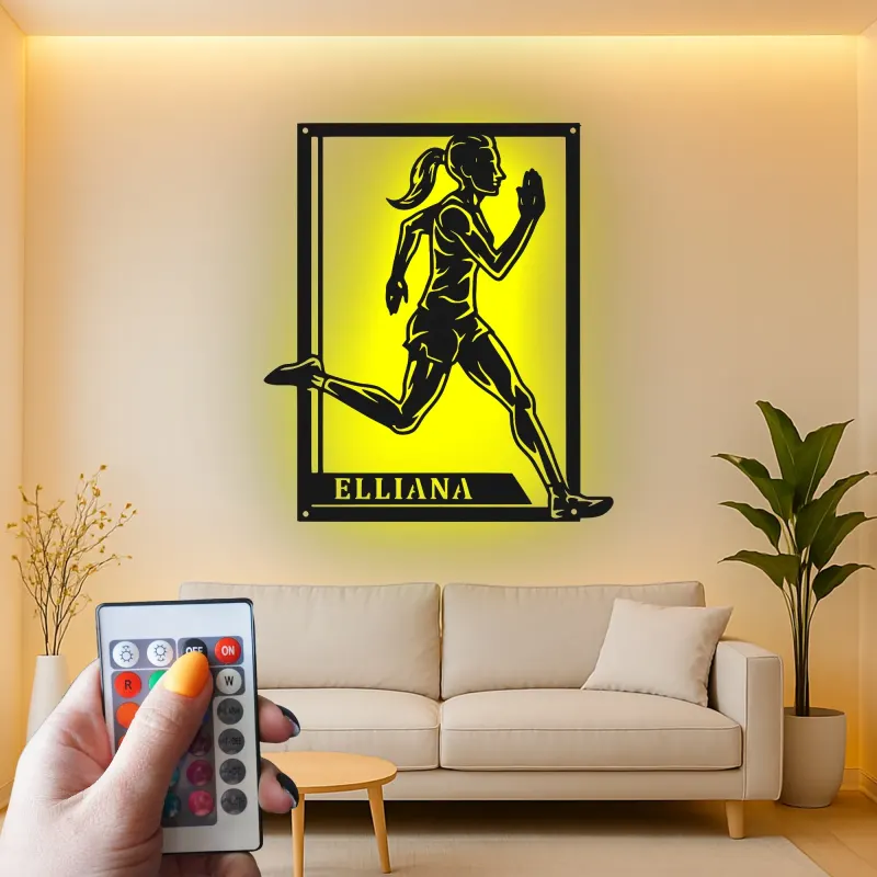 Custom Female Runner Led Light Metal Wall Art Personalized Athlete Gift Sports Room Decor for Running Enthusiasts