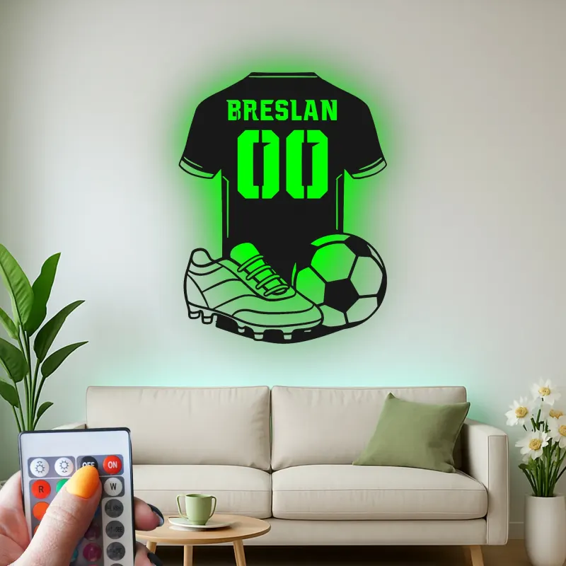 Insegna LED a forma di maglia di calcio personalizzata | Arte murale in metallo per camera di giocatore | Regalo per tifosi di calcio con nome e numero