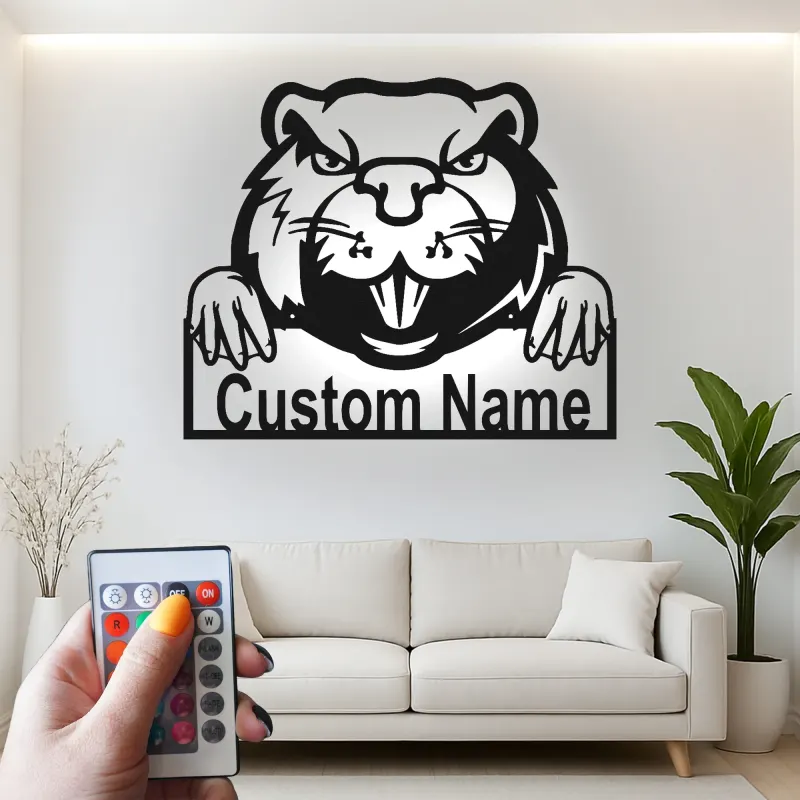 Insegna in metallo LED personalizzata con castoro - Regalo unico per amanti degli animali, decorazione per ufficio o sala giochi