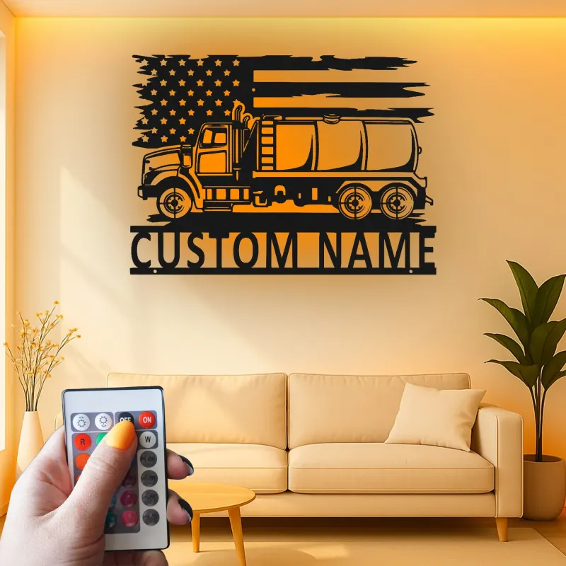 Panneau LED Trucker Personnalisé | Décoration Murale en Métal de Camion Citernes Personnalisée | Décor de Garage Drapeau Américain pour Papa