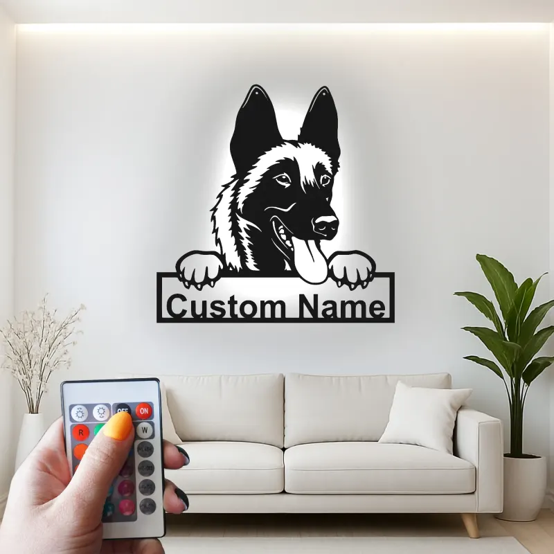 Plaque métal Berger allemand personnalisée | Décoration murale avec prénom du chien | Décor commémoratif pour animal de compagnie rétroéclairé LED pour la maison
