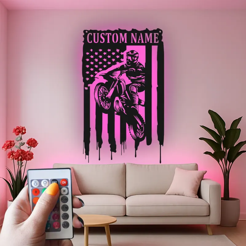 Personalized Motocross Metal Sign | LED American Flag Wall Art | Custom Dirt Bike Decor for Garage, Man Cave & Race Fans