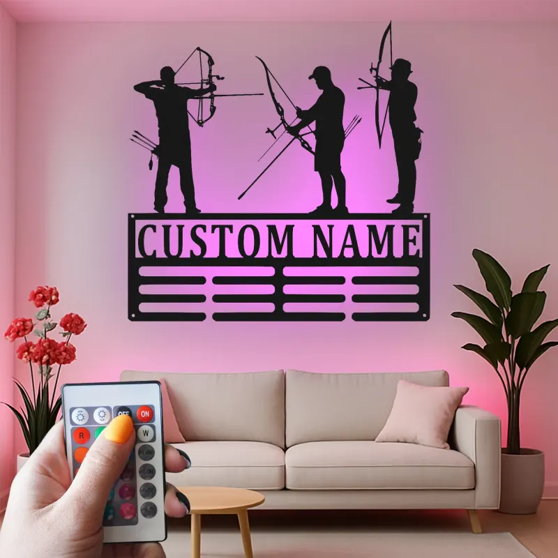 Cartel de metal personalizado con silueta de arquería y luz LED, regalo personalizado para arqueros, decoración para sala de juegos o man cave