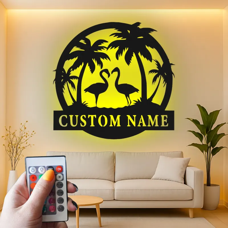 Insegna LED personalizzata con fenicottero | Arte tropicale in metallo su misura | Decorazione con nome per casa al mare | Decorazione murale per coppie