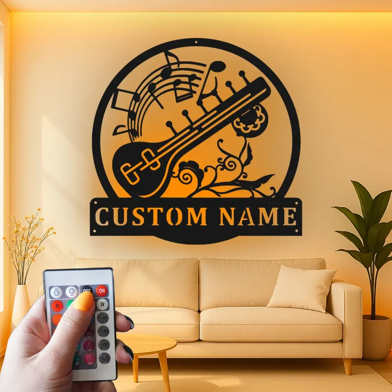 Panneau LED Sitar Personnalisé | Décoration murale en métal sur mesure pour studio de musique | Cadeau pour musicien | Décor d'instrument indien
