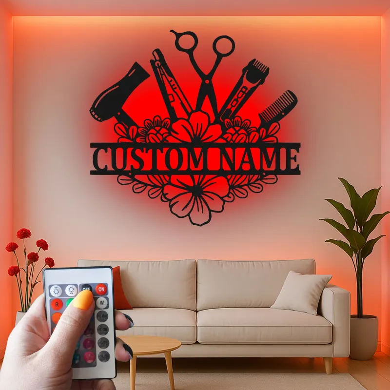 Insegna personalizzata per hairstylist | Decorazione murale LED in metallo su misura per salone | Regalo per parrucchiere e targhetta per beauty studio