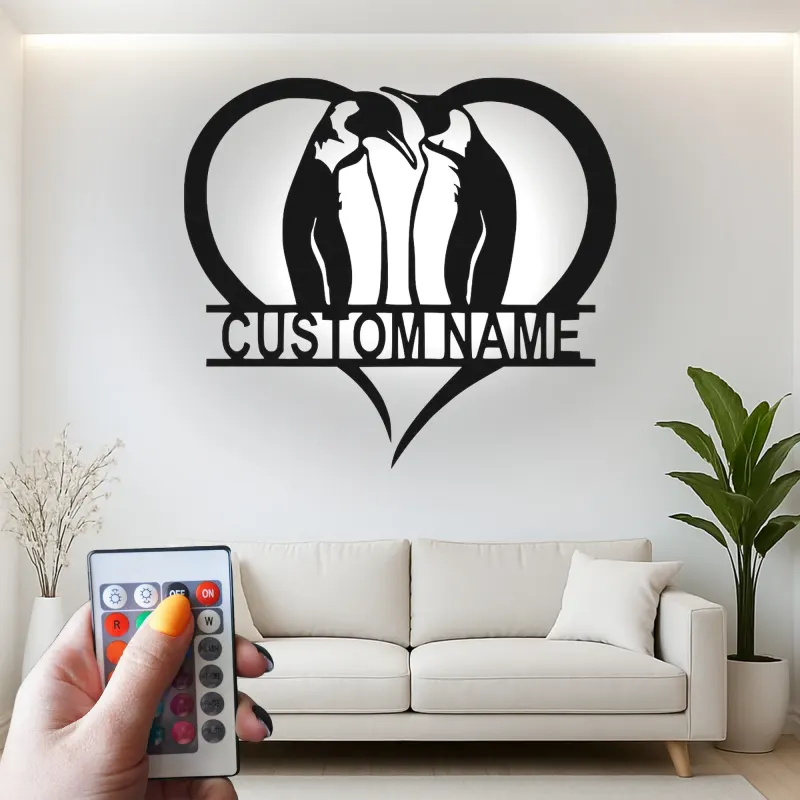 Arte Murale in Metallo Personalizzata con Pinguino e LED | Regalo di Anniversario per Coppia | Insegna Silhouette a Cuore per Amanti dei Pinguini