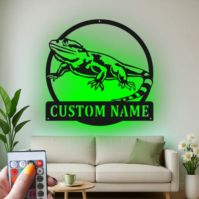 Cartel de metal personalizado con luz LED de dragón barbudo Regalo para amantes de reptiles Decoración de dormitorio o salón 3