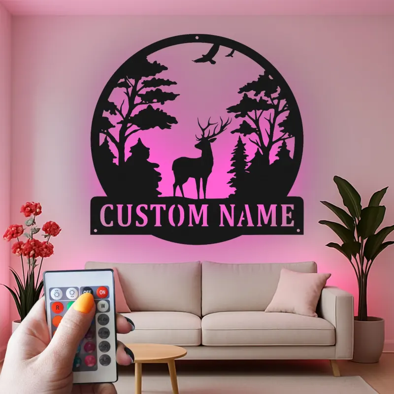 Insegna in metallo personalizzata con scena di cervo e luce LED, regalo per amanti della natura, decorazione per cabine o lodge