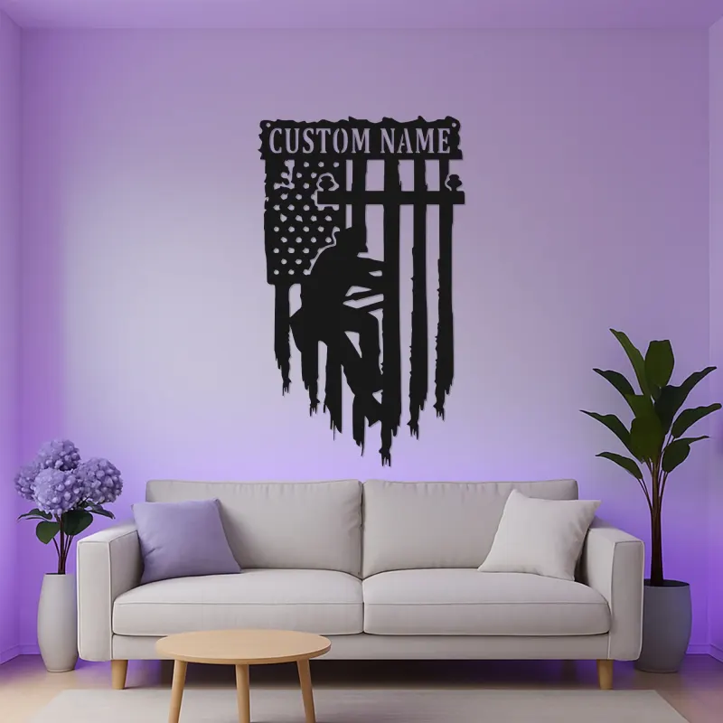 Cartel LED de liniero con bandera americana | Decoración mural de metal con nombre personalizado | Regalo patriótico para electricistas | Decoración para trabajador de servicios públicos