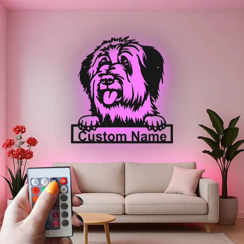 Cartel de metal personalizado con perro ovejero inglés antiguo y luz LED, regalo personalizado para dueños de mascotas, decoración de perro para la sala de estar