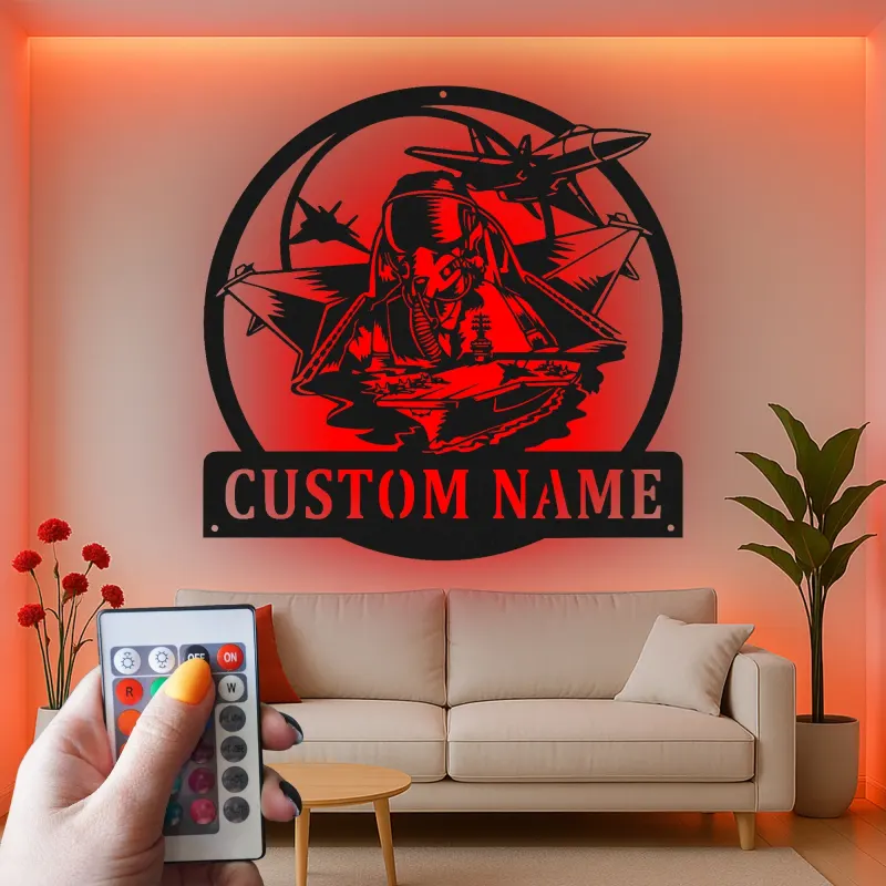 Enseigne pilote avion de chasse personnalisée | Art mural LED en métal | Décoration murale aviation pour aviateurs et cadeau militaire
