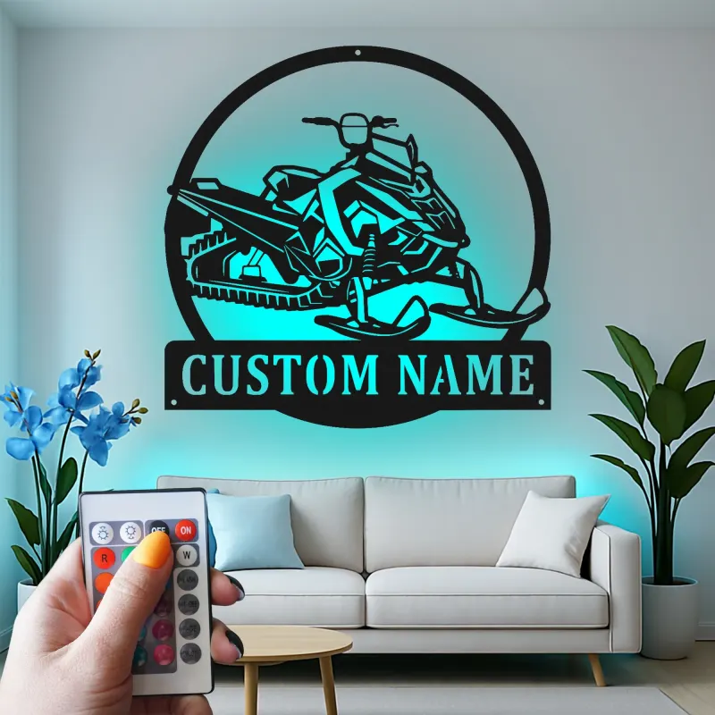 Personalized Snowmobile Metal Sign | LED Light Wall Art | Custom Winter Sports Decor for Cabin | Snowmobiling Enthusiast Gift