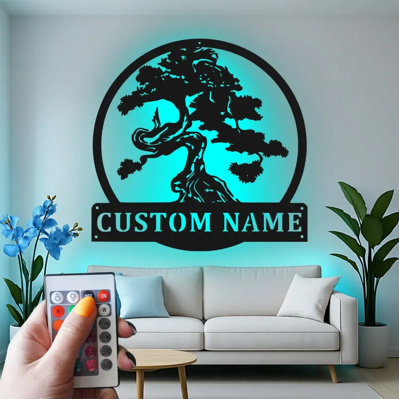 Cartel de metal personalizado con luz LED de árbol bonsái para regalo zen para hogar, decoración de sala de estar tranquila