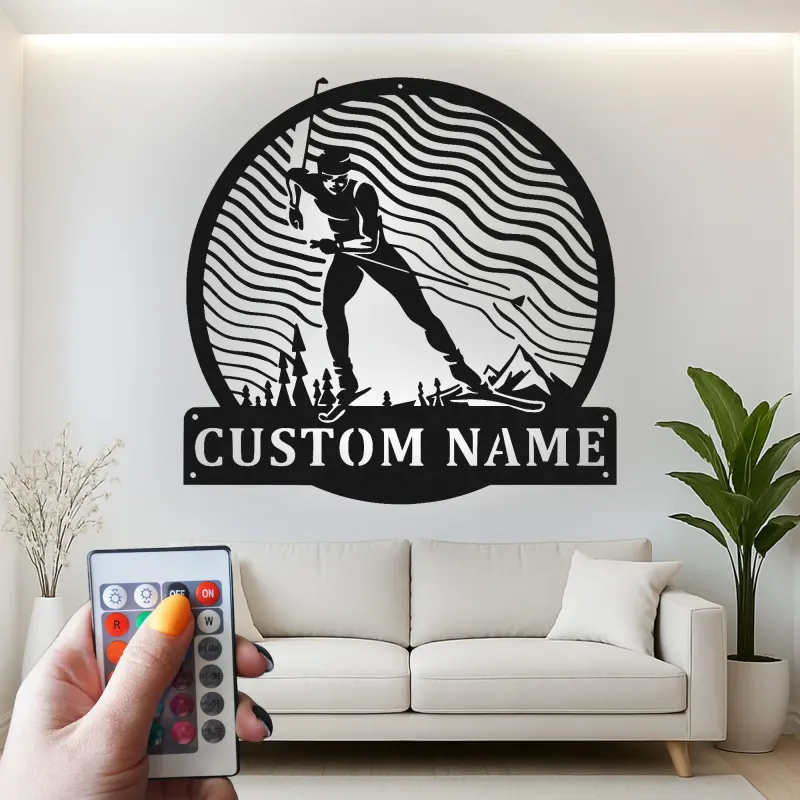 Cartel de metal LED esquiador personalizado regalo de esquí para entusiastas de deportes de invierno decoración de cabaña o refugio