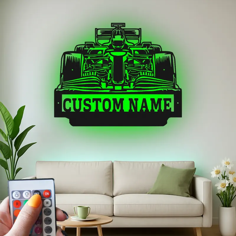 Arte murale in metallo per auto F1 personalizzata con luce LED | Regalo personalizzato per appassionati di motorsport | Arredo garage e man cave