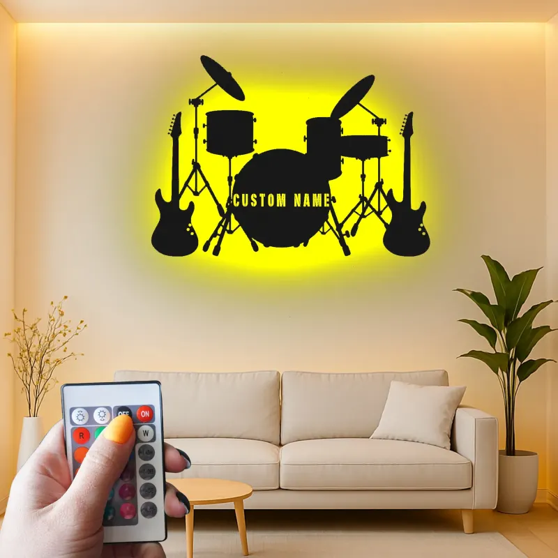 Custom Drum Set Led Light Metal Wall Art Personalized Musician Gift Studio or Music Room Decor 2