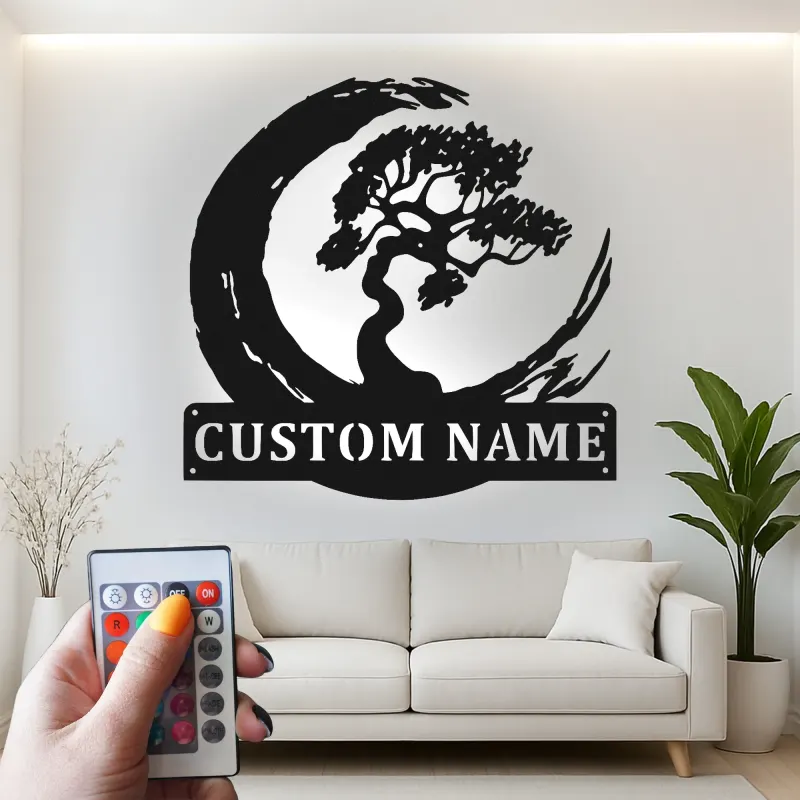 Décoration murale en métal personnalisée Arbre Bonsai avec rétroéclairage LED Cadeau Zen pour la maison Décor de salon tranquille 1