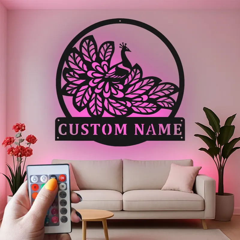 Peacock Metal Wall Art | Personalized LED Sign with Name | Elegant Home Decor Gift for Mom | Custom Bird Silhouette for Living Room