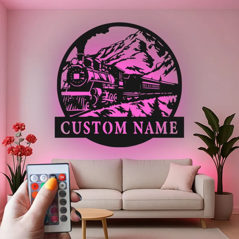 Décoration murale en métal personnalisée de train à vapeur avec rétroéclairage LED - Cadeau pour passionnés de trains, décoration pour salon ou bureau