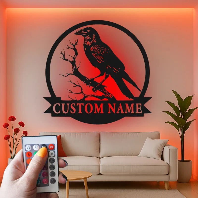 Décoration murale en métal LED Raven | Enseigne gothique personnalisée | Décor de corbeau personnalisé pour bureau et maison