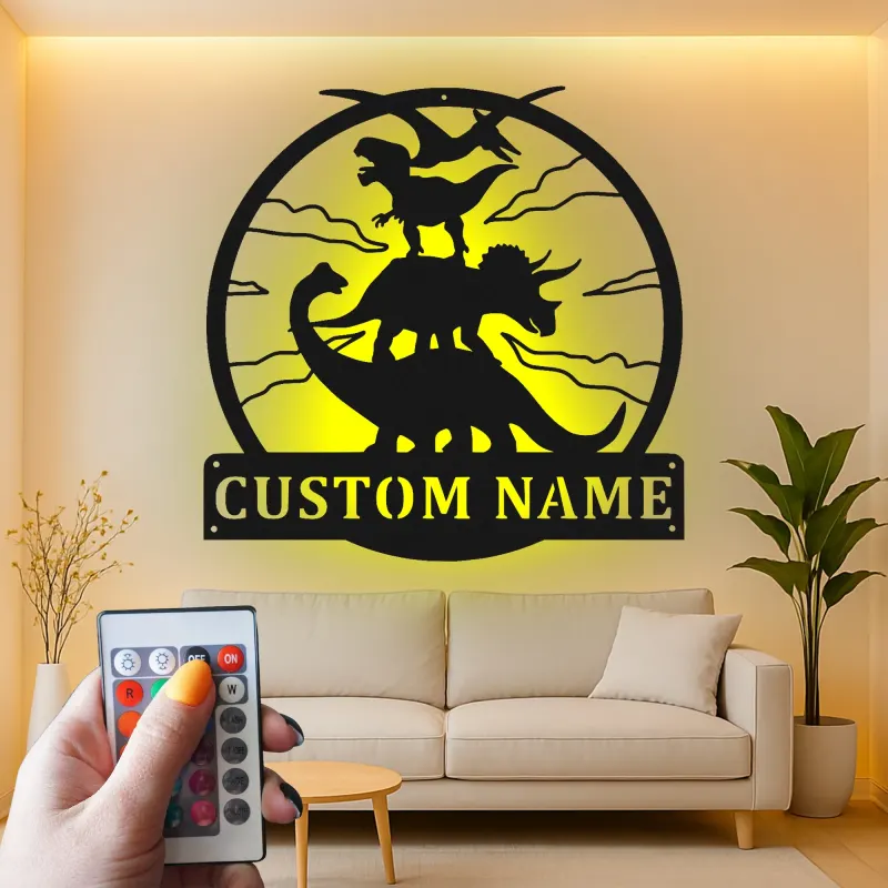 Insegna in metallo LED a forma di dinosauro personalizzata, regalo per decorare la stanza dei bambini per amanti dei dinosauri