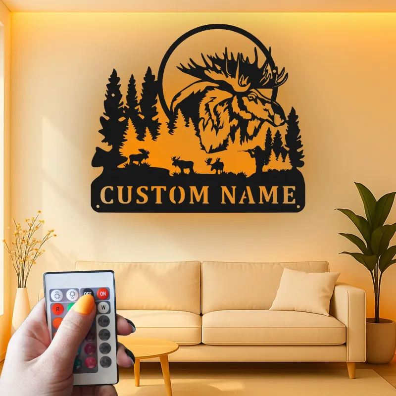 Cartel de metal de alce personalizado | Decoración mural LED de fauna | Decoración rústica para cabaña y lodge de caza