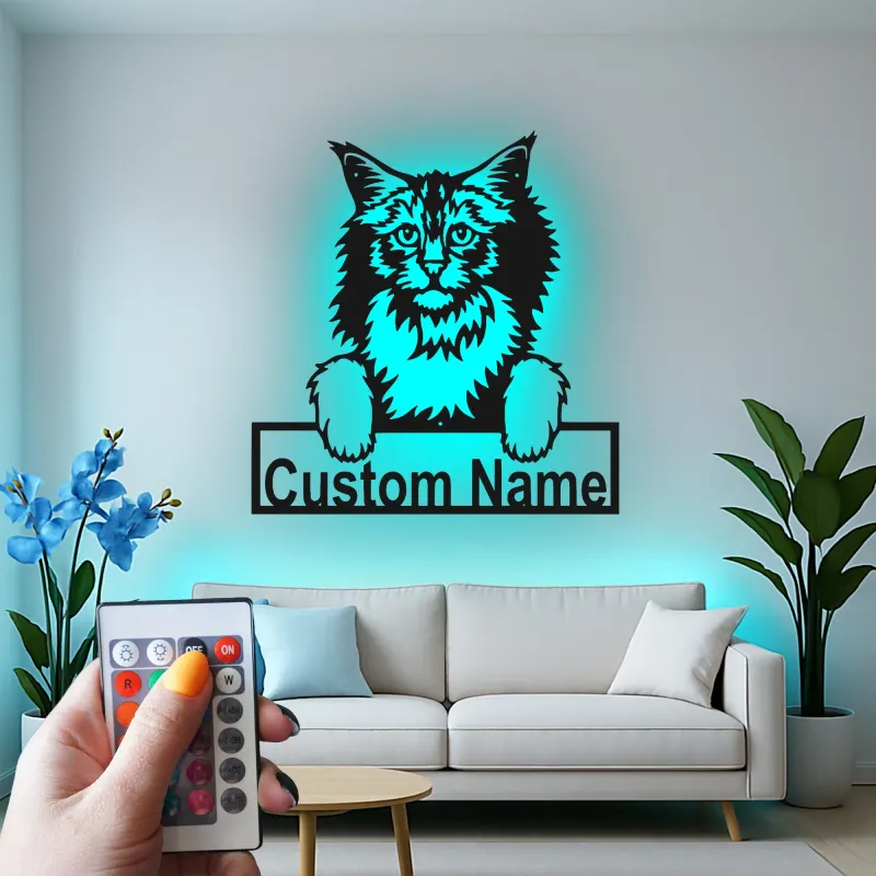 Décoration murale en métal personnalisée avec chat Maine Coon, rétroéclairage LED, cadeau pour amoureux des animaux, décoration de salon