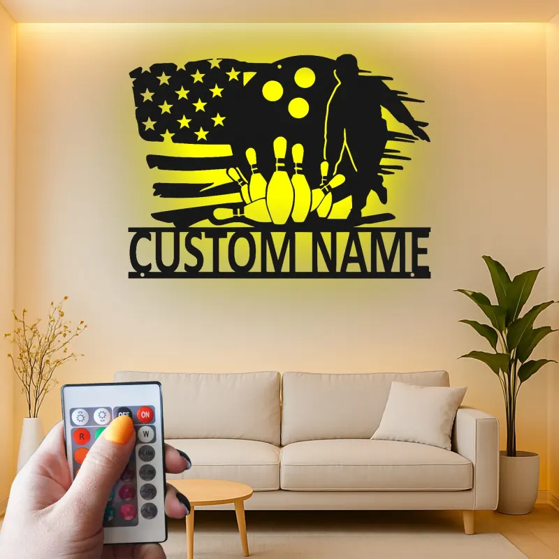 Insegna in metallo personalizzata con luce LED per giocatori di bowling - Regalo personalizzato per appassionati di bowling e decorazione per sale giochi e sport 1