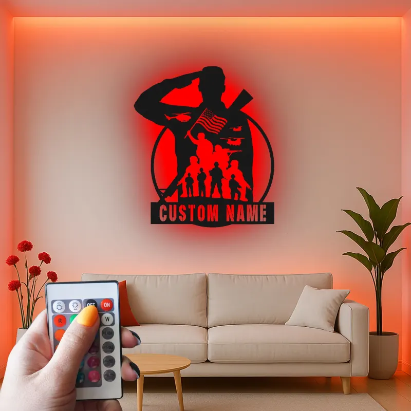 Insegna LED Silhouette Soldato Personalizzata | Insegna in Metallo Fatta a Mano | Tributo Patriottico ai Militari e Regalo per Veterani