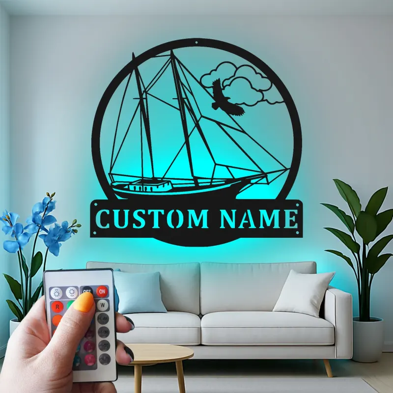 Personalized Sailboat Metal Wall Art | LED Nautical Ship Sign | Custom Sailor Gift & Coastal Home Decor