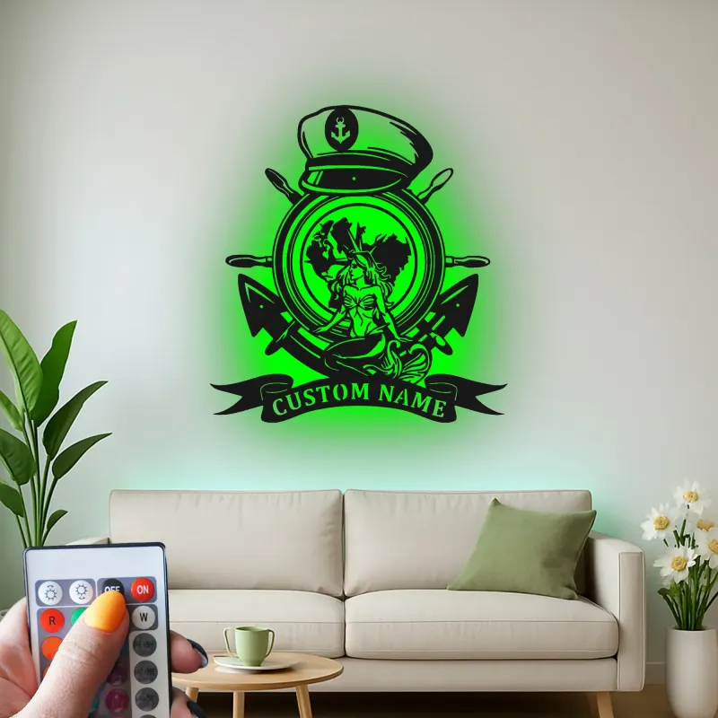 Panneau ancre sirène nautique | Décoration murale en métal LED personnalisée | Cadeau marin pour décor de maison de plage