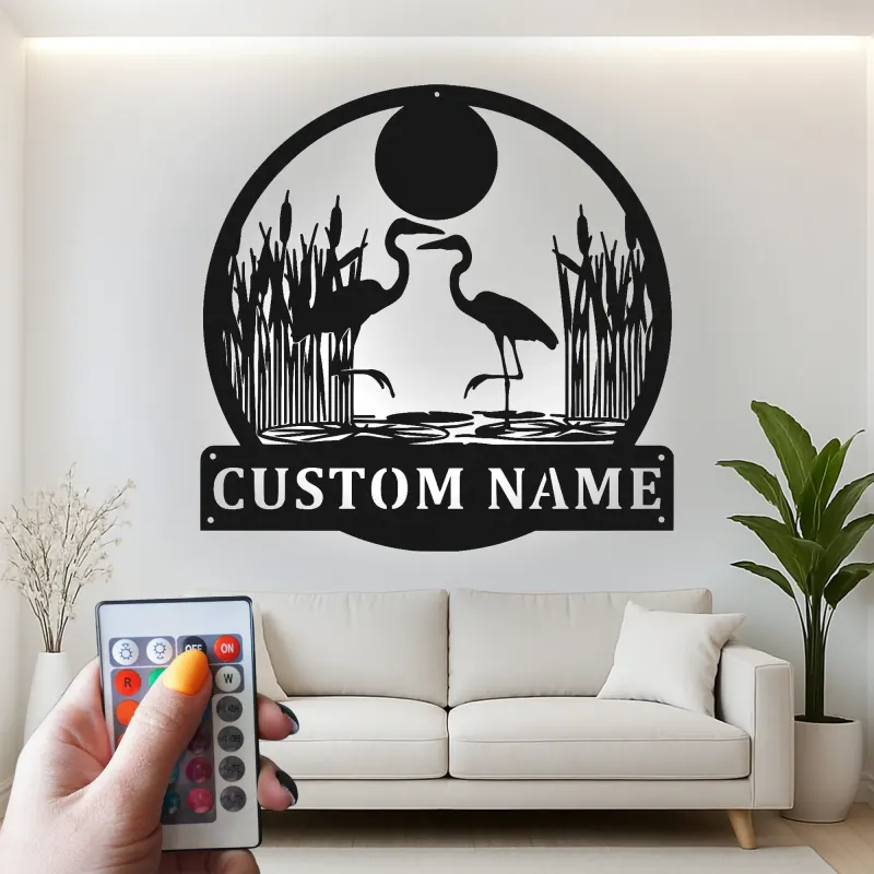 Arte murale in metallo con Airone e luci LED | Insegna personalizzata con nome per casa al lago | Regalo personalizzato per amanti degli uccelli | Decorazione di fauna selvatica per patio